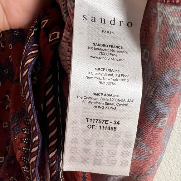 Sandro Red Geometric Print Tie Front Short Sleeve Blouse Size 2 - Picture 6 of 8